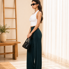 Istyle Can Women's Mid-Rise Wide-Leg Stretch Trousers - 4 Way Lycra, Pull-On Elastic Waist