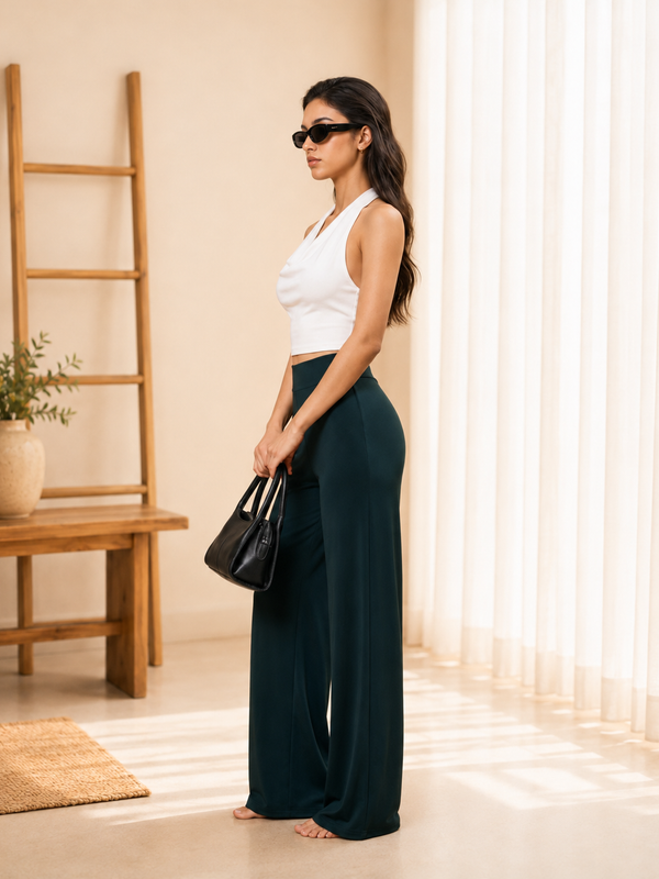 Istyle Can Women's Mid-Rise Wide-Leg Stretch Trousers - 4 Way Lycra, Pull-On Elastic Waist