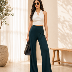 Istyle Can Women's Mid-Rise Wide-Leg Stretch Trousers - 4 Way Lycra, Pull-On Elastic Waist