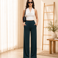 Istyle Can Women's Mid-Rise Wide-Leg Stretch Trousers - 4 Way Lycra, Pull-On Elastic Waist
