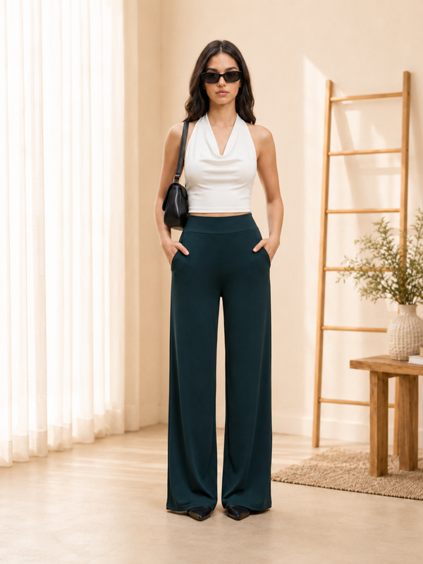 Istyle Can Women's Mid-Rise Wide-Leg Stretch Trousers - 4 Way Lycra, Pull-On Elastic Waist