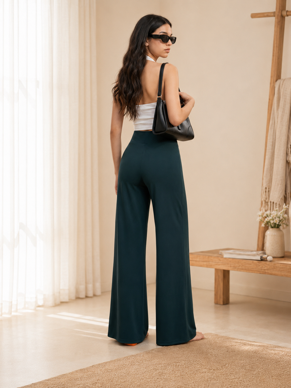 Istyle Can Women's Mid-Rise Wide-Leg Stretch Trousers - 4 Way Lycra, Pull-On Elastic Waist