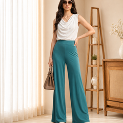 Istyle Can Women's Mid-Rise Wide-Leg Stretch Trousers - 4 Way Lycra, Pull-On Elastic Waist