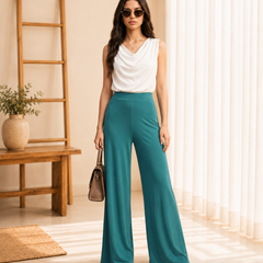 Istyle Can Women's Mid-Rise Wide-Leg Stretch Trousers - 4 Way Lycra, Pull-On Elastic Waist
