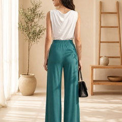 Istyle Can Women's Mid-Rise Wide-Leg Stretch Trousers - 4 Way Lycra, Pull-On Elastic Waist
