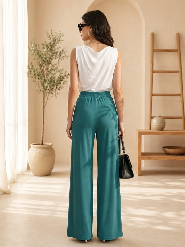 Istyle Can Women's Mid-Rise Wide-Leg Stretch Trousers - 4 Way Lycra, Pull-On Elastic Waist