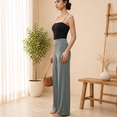 Istyle Can Women's Mid-Rise Wide-Leg Stretch Trousers - 4 Way Lycra, Pull-On Elastic Waist