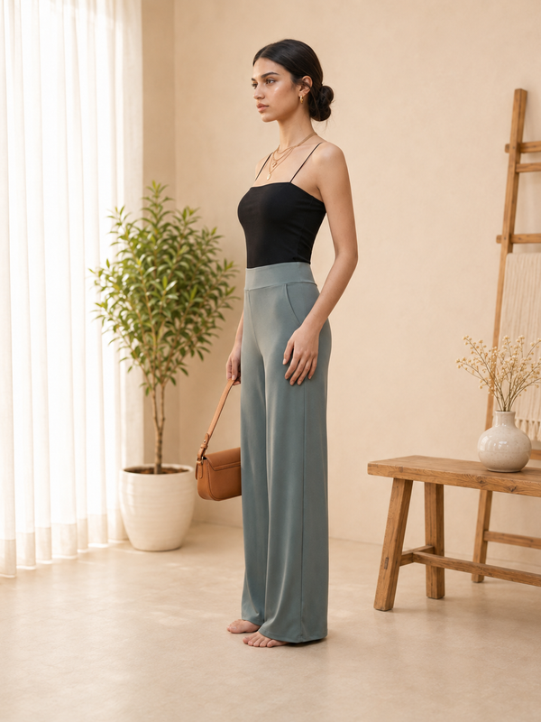 Istyle Can Women's Mid-Rise Wide-Leg Stretch Trousers - 4 Way Lycra, Pull-On Elastic Waist