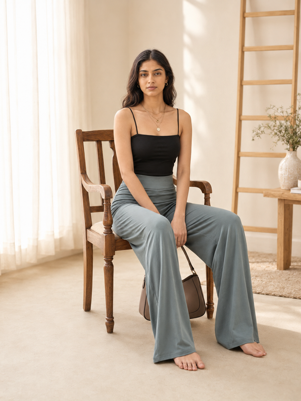 Istyle Can Women's Mid-Rise Wide-Leg Stretch Trousers - 4 Way Lycra, Pull-On Elastic Waist