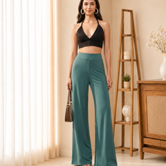 Istyle Can Women's Mid-Rise Wide-Leg Stretch Trousers - 4 Way Lycra, Pull-On Elastic Waist