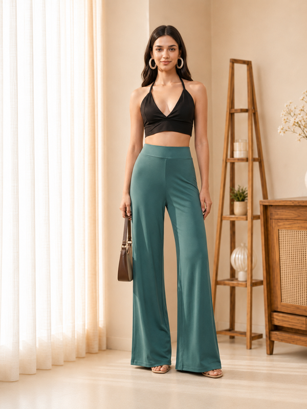 Istyle Can Women's Mid-Rise Wide-Leg Stretch Trousers - 4 Way Lycra, Pull-On Elastic Waist