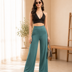 Istyle Can Women's Mid-Rise Wide-Leg Stretch Trousers - 4 Way Lycra, Pull-On Elastic Waist