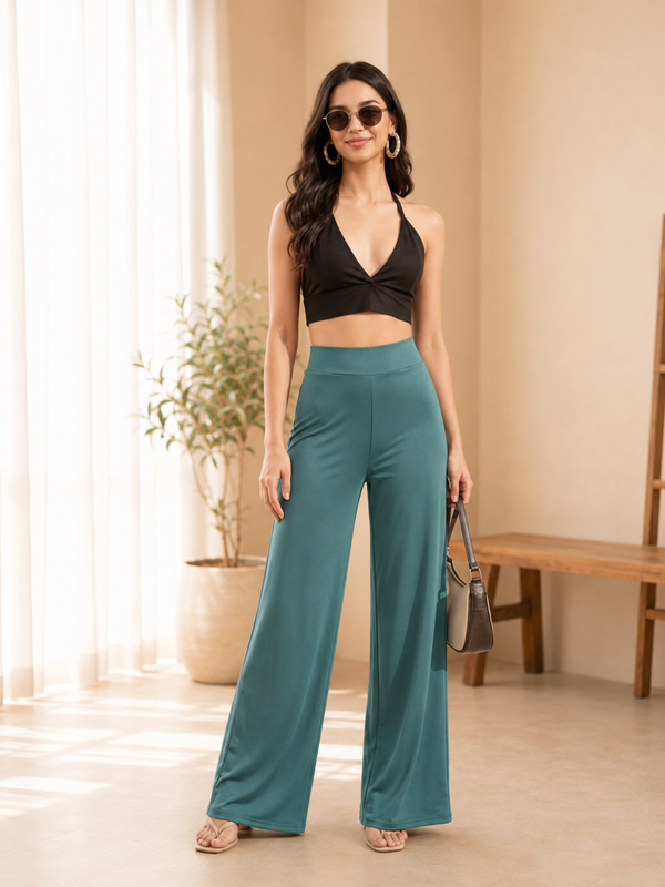 Istyle Can Women's Mid-Rise Wide-Leg Stretch Trousers - 4 Way Lycra, Pull-On Elastic Waist