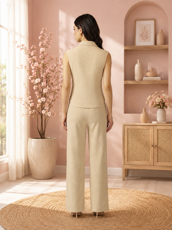 Women’s Sleeveless Shirt-Style Top & Wide-Leg Trouser Co-ord Set
