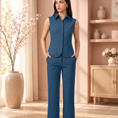 Women’s Sleeveless Shirt-Style Top & Wide-Leg Trouser Co-ord Set