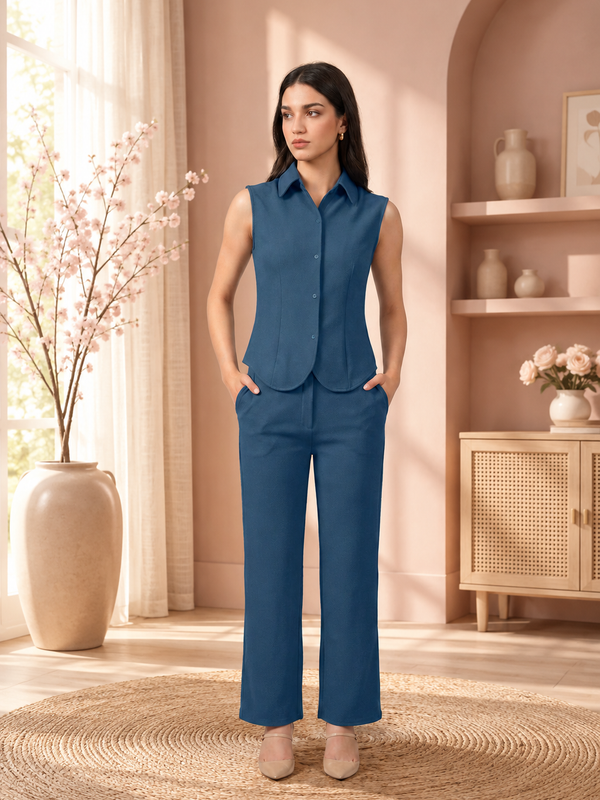 Women’s Sleeveless Shirt-Style Top & Wide-Leg Trouser Co-ord Set