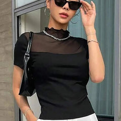 Istyle Can Black Contrast Mesh Mock Neck Tee Istyle Can