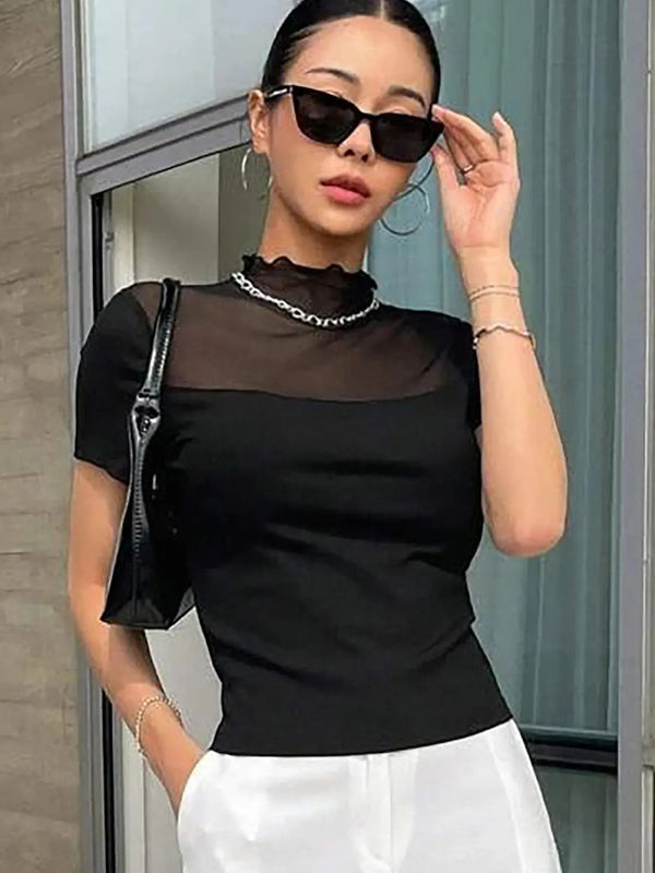 Istyle Can Black Contrast Mesh Mock Neck Tee Istyle Can