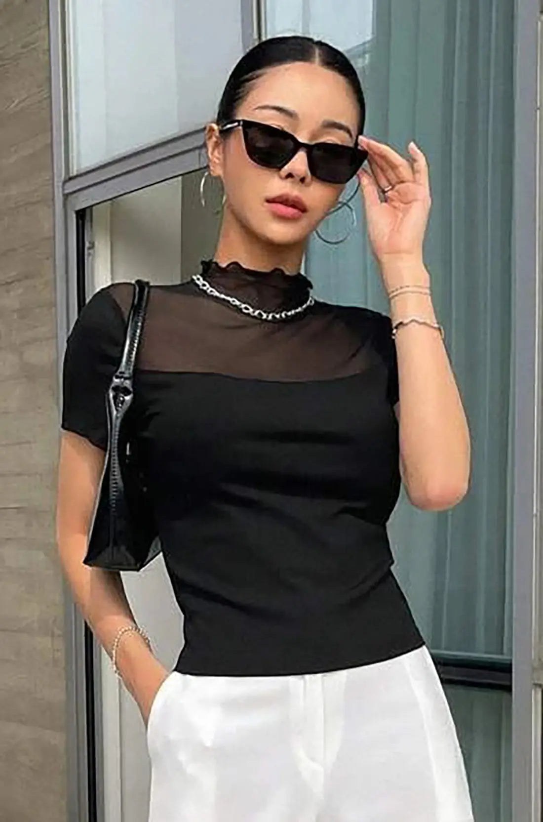 Istyle Can Black Contrast Mesh Mock Neck Tee Istyle Can