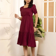 Maroon Exquisite Solid Pleated Fit and Flare Dress - Adjustable Waistline, Knee-Length, 3/4 Sleeves, Square Neck, A-Line