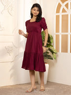 Maroon Exquisite Solid Pleated Fit and Flare Dress - Adjustable Waistline, Knee-Length, 3/4 Sleeves, Square Neck, A-Line