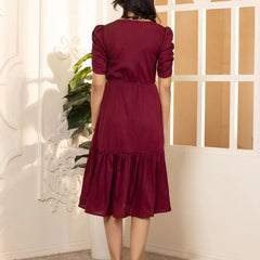 Maroon Exquisite Solid Pleated Fit and Flare Dress - Adjustable Waistline, Knee-Length, 3/4 Sleeves, Square Neck, A-Line