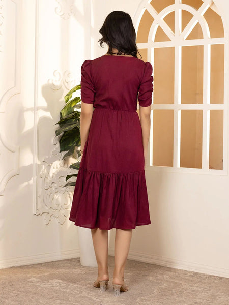 Maroon Exquisite Solid Pleated Fit and Flare Dress - Adjustable Waistline, Knee-Length, 3/4 Sleeves, Square Neck, A-Line