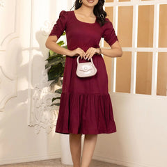 Maroon Exquisite Solid Pleated Fit and Flare Dress - Adjustable Waistline, Knee-Length, 3/4 Sleeves, Square Neck, A-Line