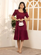 Maroon Exquisite Solid Pleated Fit and Flare Dress - Adjustable Waistline, Knee-Length, 3/4 Sleeves, Square Neck, A-Line