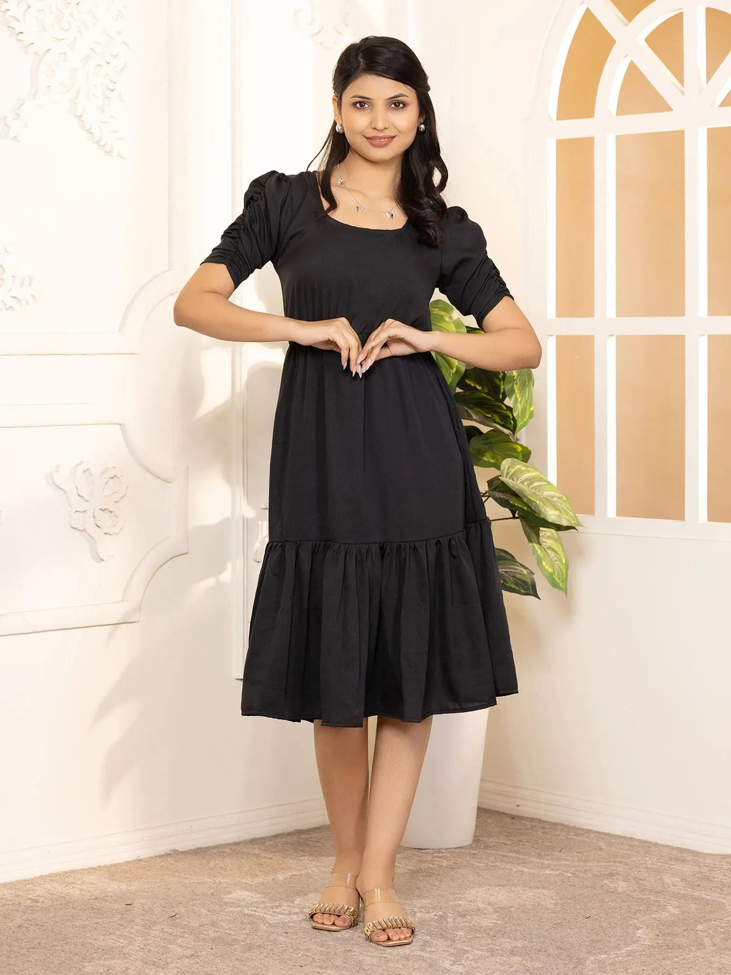 Black Exquisite Solid Pleated Fit and Flare Dress - Adjustable Waistline, Knee-Length, 3/4 Sleeves, Square Neck, A-Line Secondary image