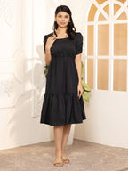 Black Exquisite Solid Pleated Fit and Flare Dress - Adjustable Waistline, Knee-Length, 3/4 Sleeves, Square Neck, A-Line