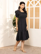 Black Exquisite Solid Pleated Fit and Flare Dress - Adjustable Waistline, Knee-Length, 3/4 Sleeves, Square Neck, A-Line