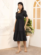 Black Exquisite Solid Pleated Fit and Flare Dress - Adjustable Waistline, Knee-Length, 3/4 Sleeves, Square Neck, A-Line