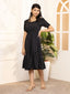 Black Exquisite Solid Pleated Fit and Flare Dress - Adjustable Waistline, Knee-Length, 3/4 Sleeves, Square Neck, A-Line