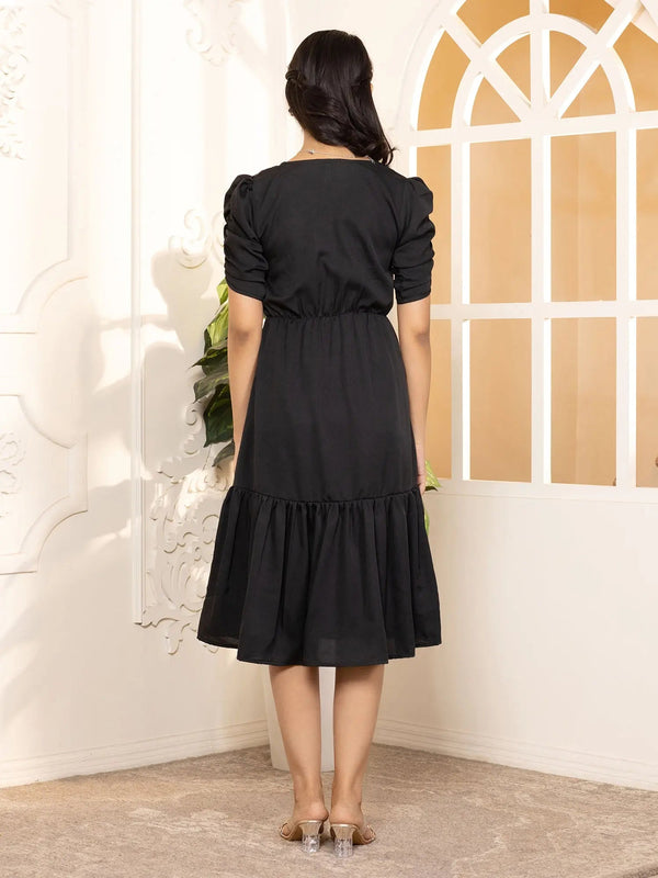 Black Exquisite Solid Pleated Fit and Flare Dress - Adjustable Waistline, Knee-Length, 3/4 Sleeves, Square Neck, A-Line