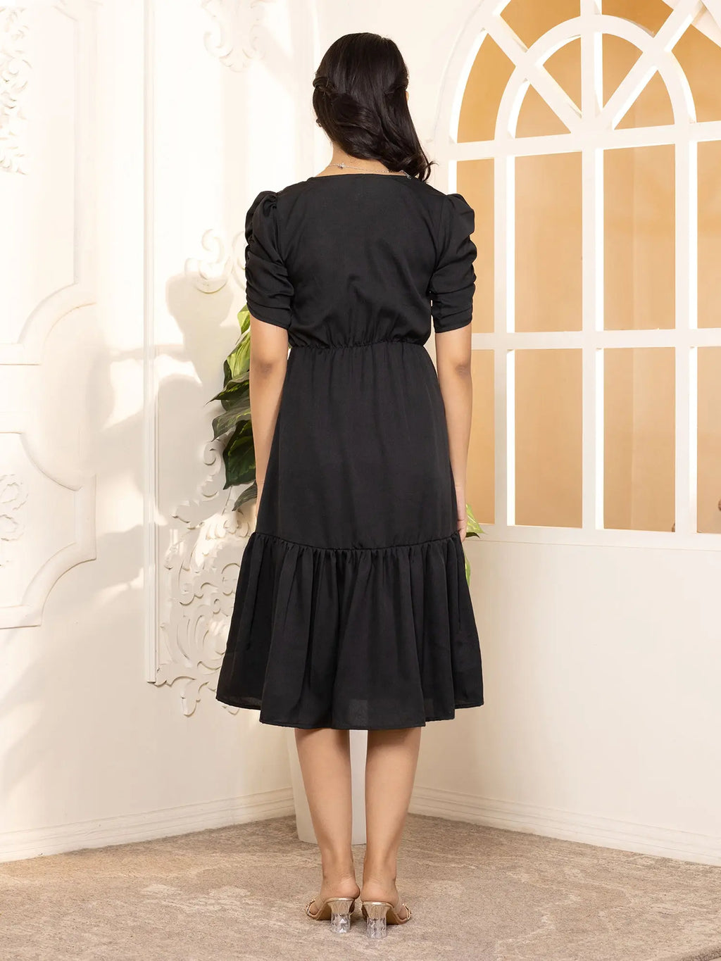 Black Exquisite Solid Pleated Fit and Flare Dress - Adjustable Waistline, Knee-Length, 3/4 Sleeves, Square Neck, A-Line
