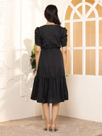 Black Exquisite Solid Pleated Fit and Flare Dress - Adjustable Waistline, Knee-Length, 3/4 Sleeves, Square Neck, A-Line