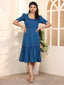 Teal Blue Exquisite Solid Pleated Fit and Flare Dress - Adjustable Waistline, Knee-Length, 3/4 Sleeves, Square Neck, A-Line