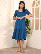 Teal Blue Exquisite Solid Pleated Fit and Flare Dress - Adjustable Waistline, Knee-Length, 3/4 Sleeves, Square Neck, A-Line
