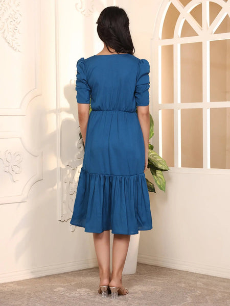 Teal Blue Exquisite Solid Pleated Fit and Flare Dress - Adjustable Waistline, Knee-Length, 3/4 Sleeves, Square Neck, A-Line