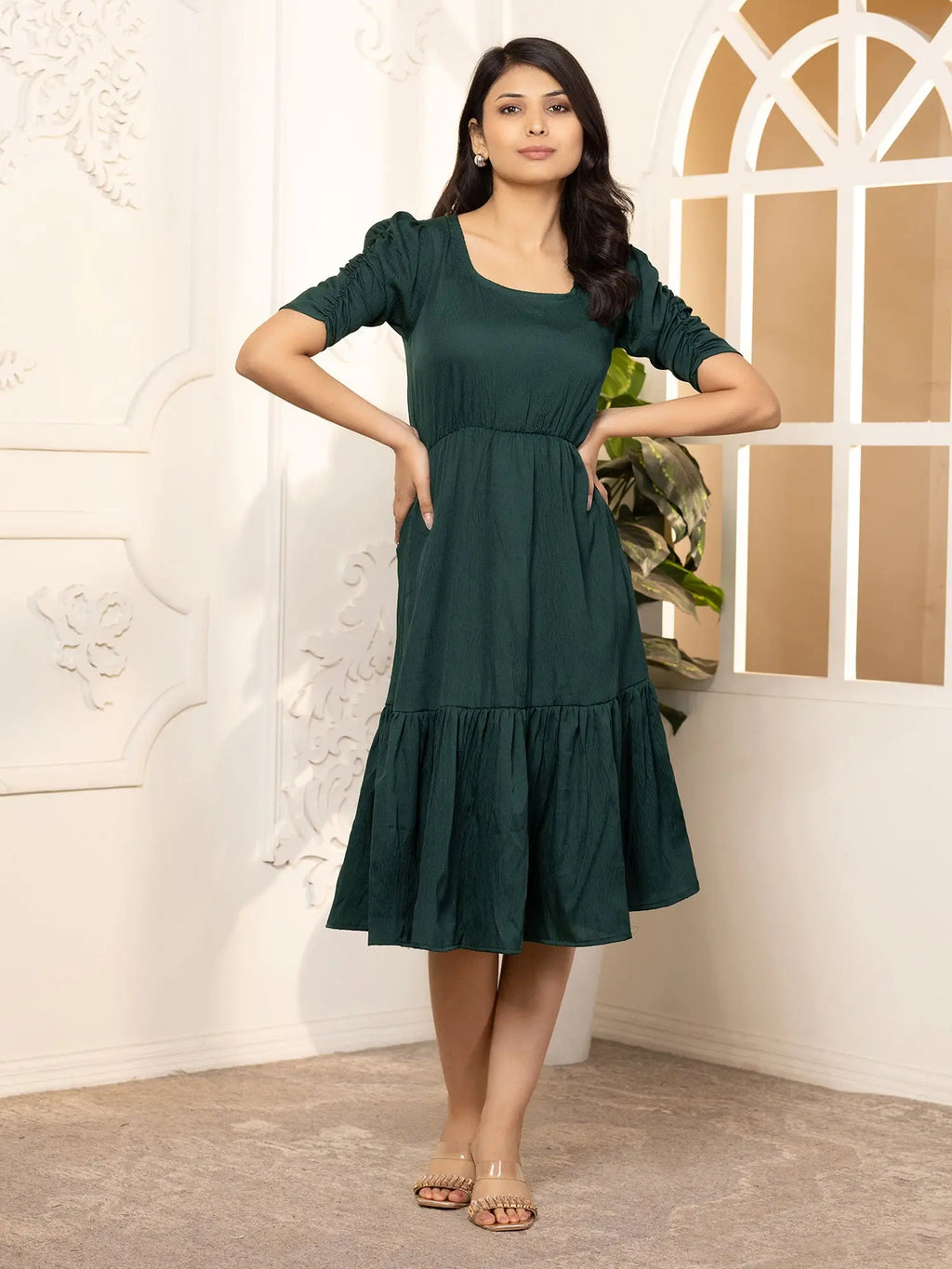Green Exquisite Solid Pleated Fit and Flare Dress - Adjustable Waistline, Knee-Length, 3/4 Sleeves, Square Neck, A-Line
