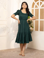 Green Exquisite Solid Pleated Fit and Flare Dress - Adjustable Waistline, Knee-Length, 3/4 Sleeves, Square Neck, A-Line