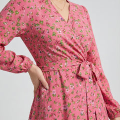 Women's Pink Floral Crepe V-Neck A-Line Midi Dress