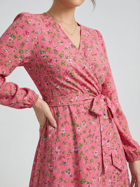Women's Pink Floral Crepe V-Neck A-Line Midi Dress