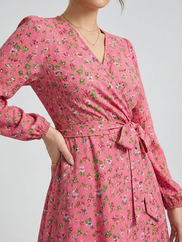 Women's Pink Floral Crepe V-Neck A-Line Midi Dress