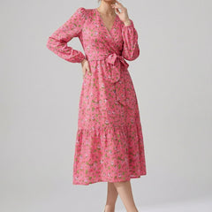 Women's Pink Floral Crepe V-Neck A-Line Midi Dress