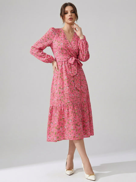 Women's Pink Floral Crepe V-Neck A-Line Midi Dress