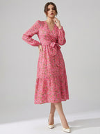Women's Pink Floral Crepe V-Neck A-Line Midi Dress