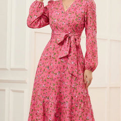 Women's Pink Floral Crepe V-Neck A-Line Midi Dress