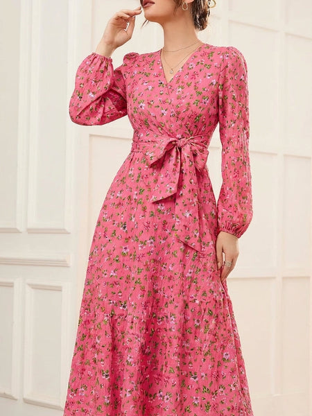 Women's Pink Floral Crepe V-Neck A-Line Midi Dress